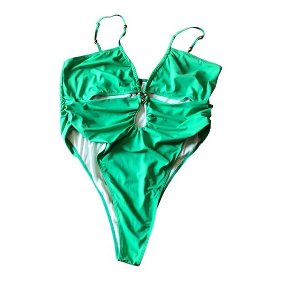 Pretty Little Thing NWT Green Bead Detail Ruched Cut Out Plus Swimsuit Size 22 - Picture 3 of 15